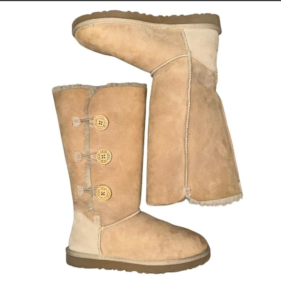 UGG Women's Beige Sheepskin Button Boots - Picture 2 of 7